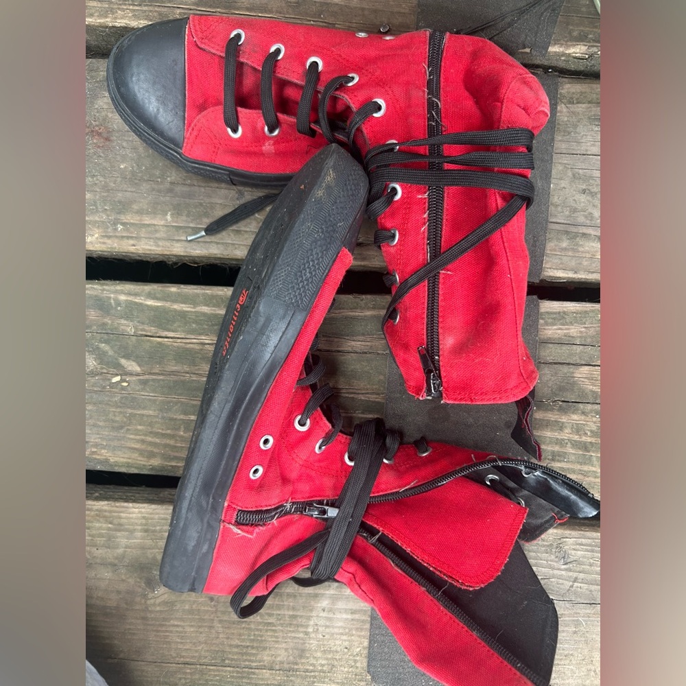 Demonia red black canvas rubber jungle punk boots PRELOVED vegan combat unisex - Picture 3 of 6
